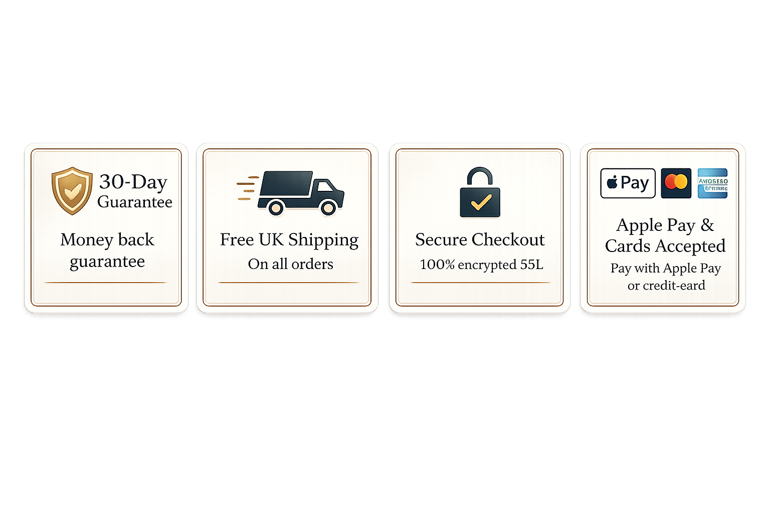 Trust badges showing 30-day guarantee, free UK shipping, secure checkout and accepted card payments