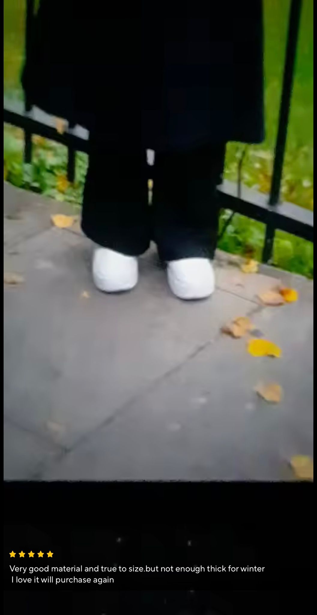 Customer review showing black leggings hem and shoes